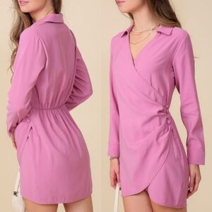 Lumiere▪️Pink Vneck Faux Wrap Long Sleeve Collared Dress